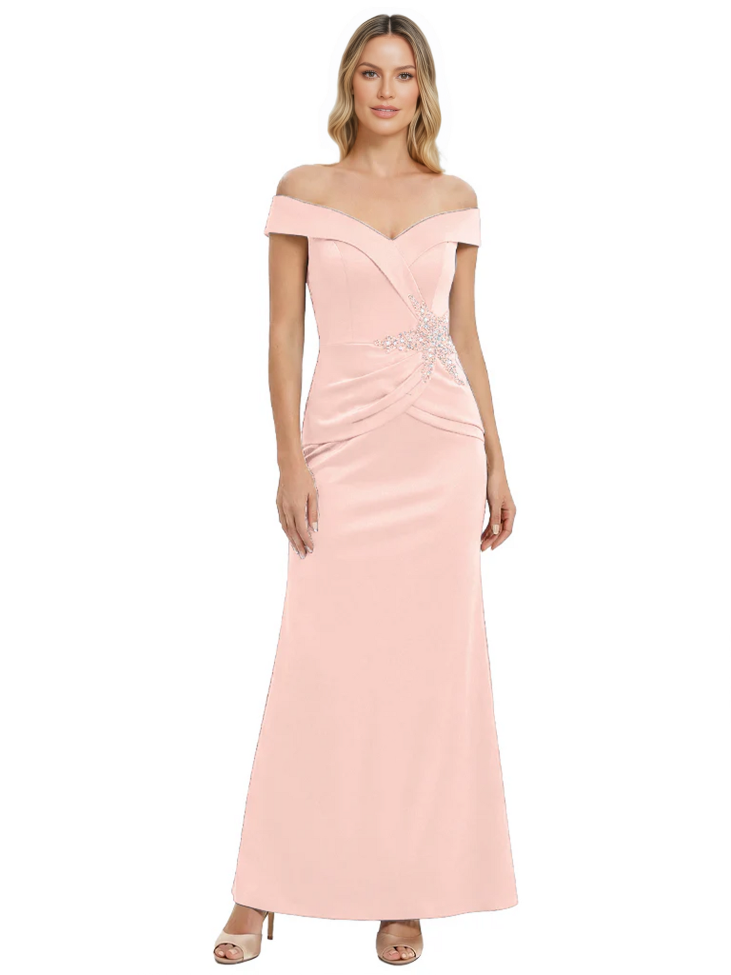 Off Shoulder Mother of the Bride Dress Beaded Waist Satin Gown Portrait Neckline