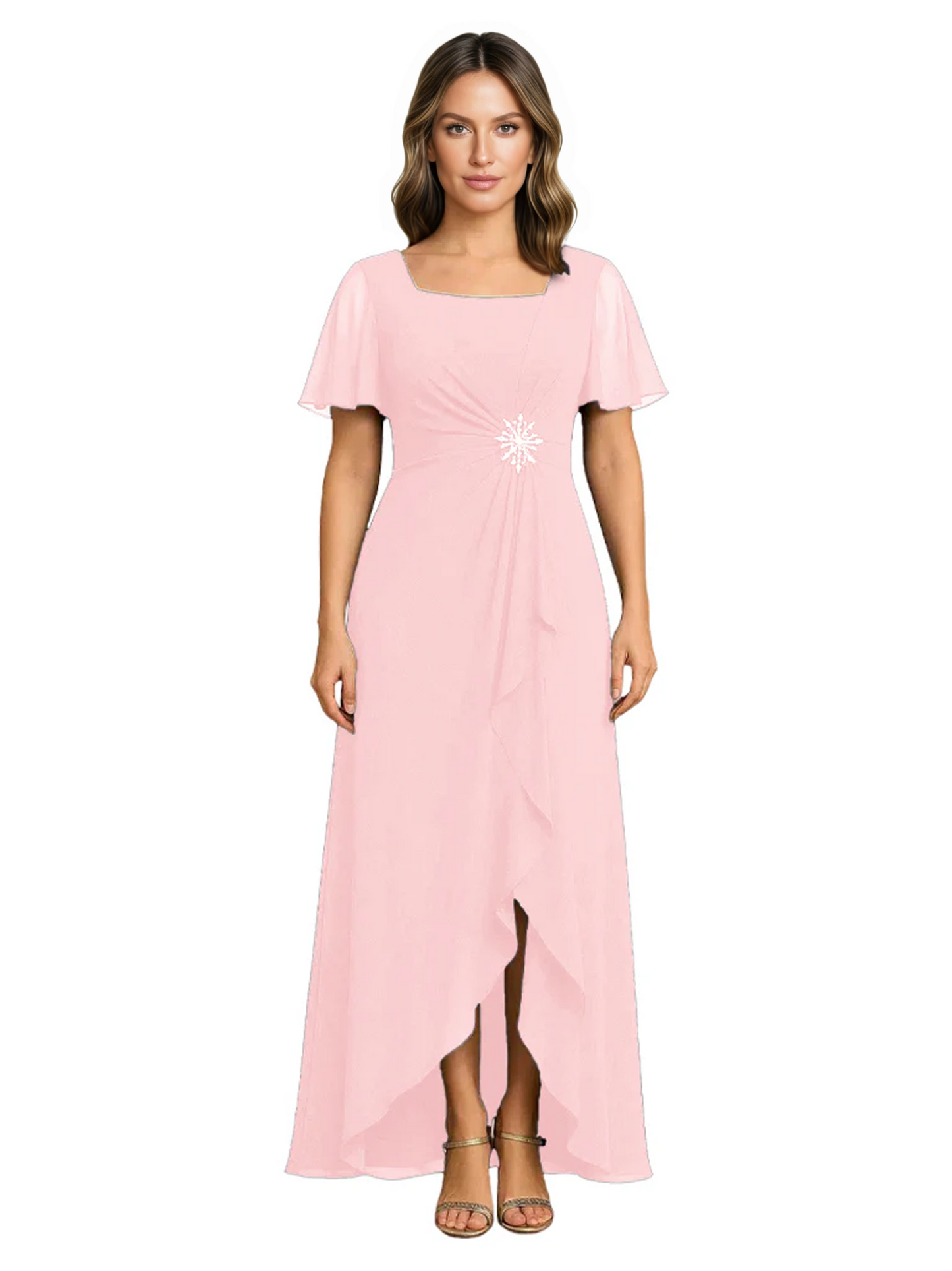 Formal High-Low Mother of the Bride Gown Sleeved Chiffon Maxi Dress Ruched Waist