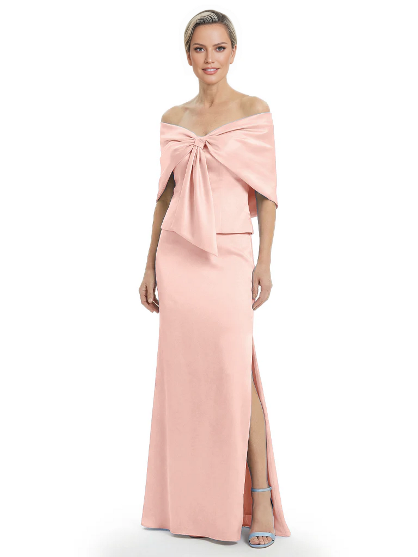 Formal Floor-Length Mother of the Bride Gown Satin Maxi Dress with Bow Neckline