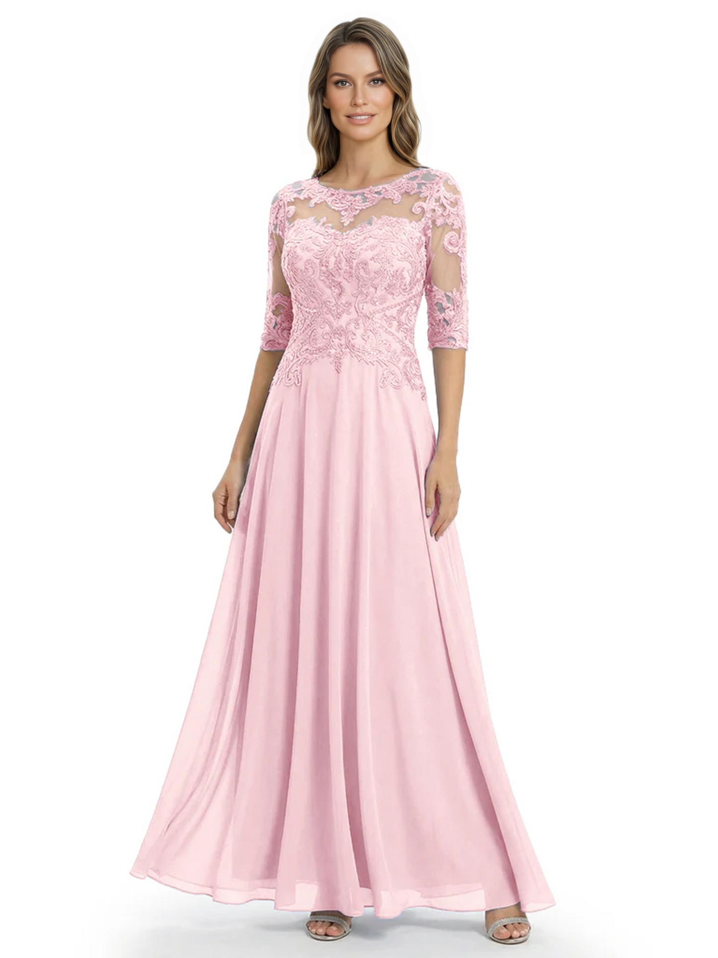 Illusion Neck Mother of the Bride Dress Half Sleeve Lace Applique Gowns Chiffon