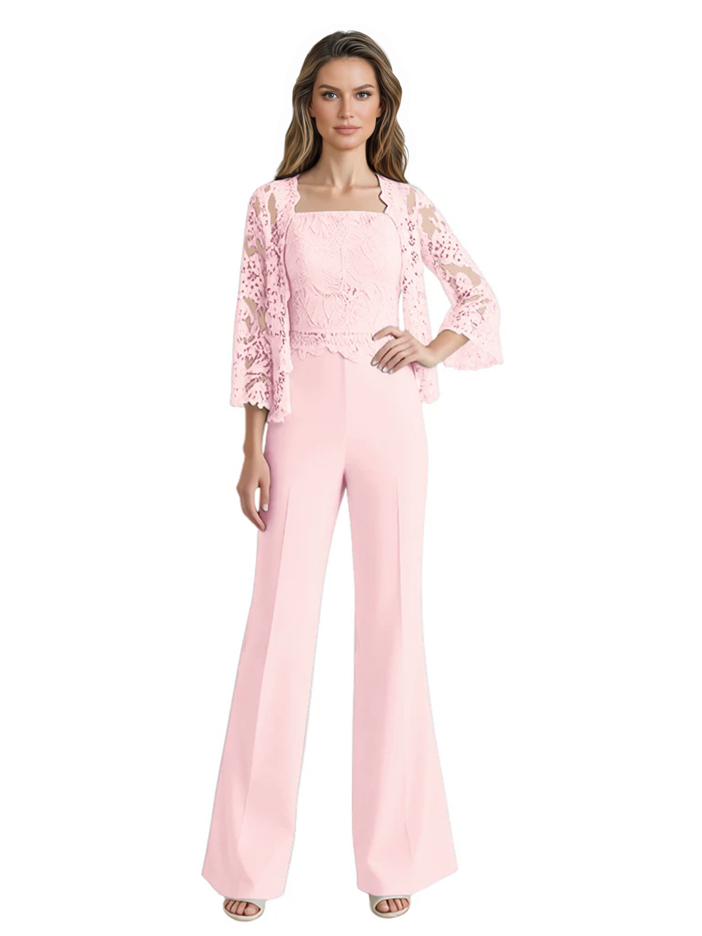 Mother of the Bride Jumpsuit with Lace Jacket 3/4 Sleeve Formal Pant Suit