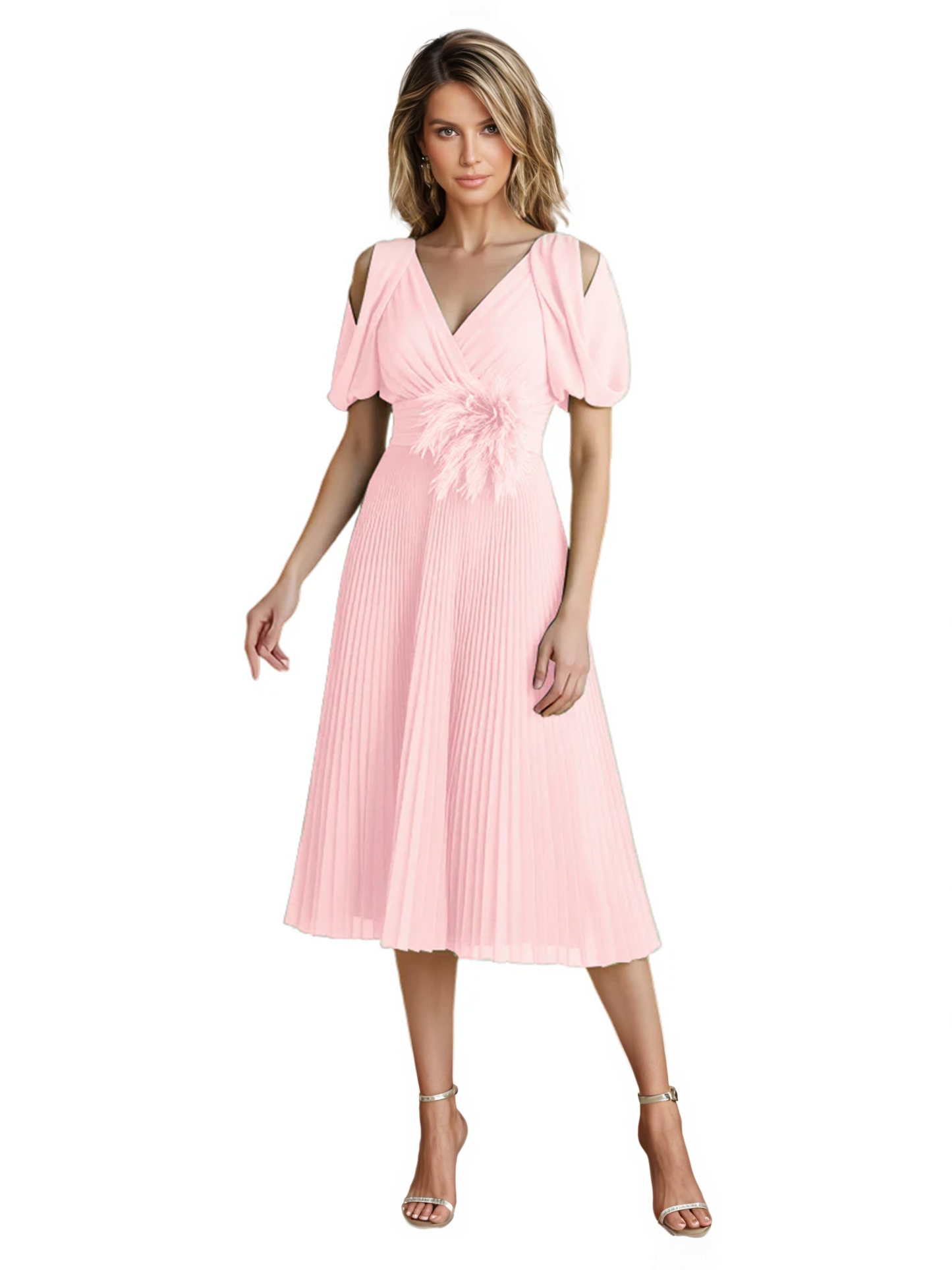 Wedding Formal Dress V-Neck Pleated Chiffon Gown with 3D Flower Accent Knee Length