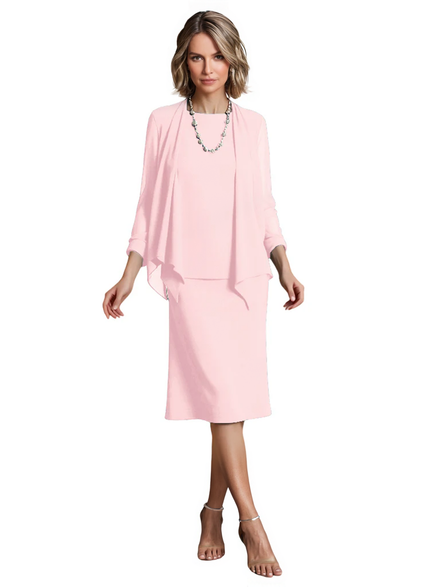 3 PCS Knee-Length Mother of Bride Dresses Prom Dress Evening Dress with Sheer Sleeves and Jacket
