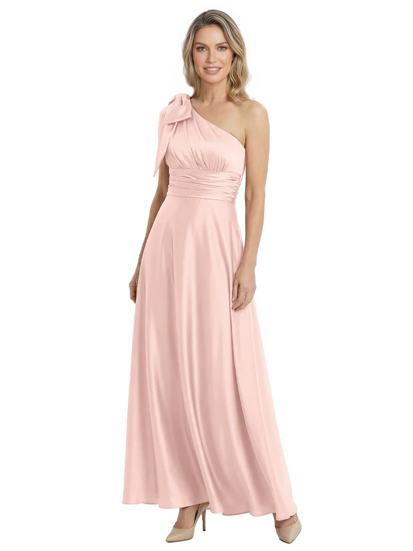 One-Shoulder Mother of the Bride Dress Satin Gown with Bow Ruched Empire Waist