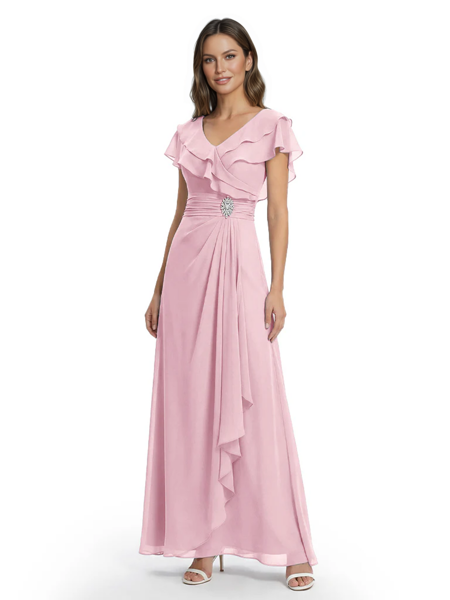 Elegant Mother of the Groom Dress Cascading Ruffle Chiffon Formal Gown Rhinestone
