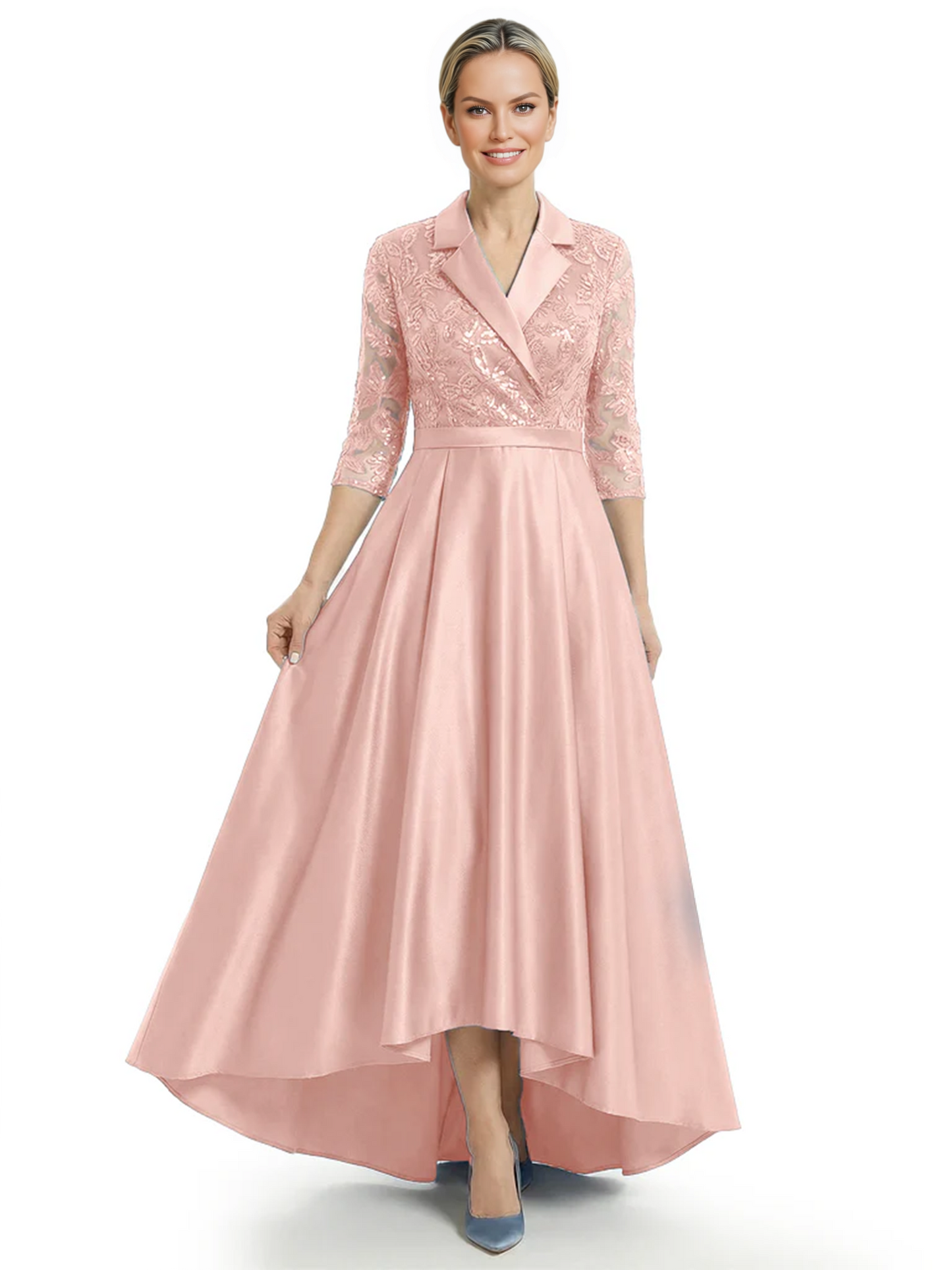 Elegant Mother of Bride Dress Evening Gowns Trending Styles with Lapel Collar 3/4 Sleeves
