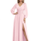 A-Line Mother of Bride Dress V-Neck Chiffon Gown Long Sleeves Slit Formal Dress