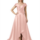 Off Shoulder Mother of the Bride Dress High-Low Satin Gown with Portrait Neckline