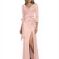 Elegant Evening Gowns Slit Trending Styles Satin Slit Formal Dress Cowl Neckline Gown Tie