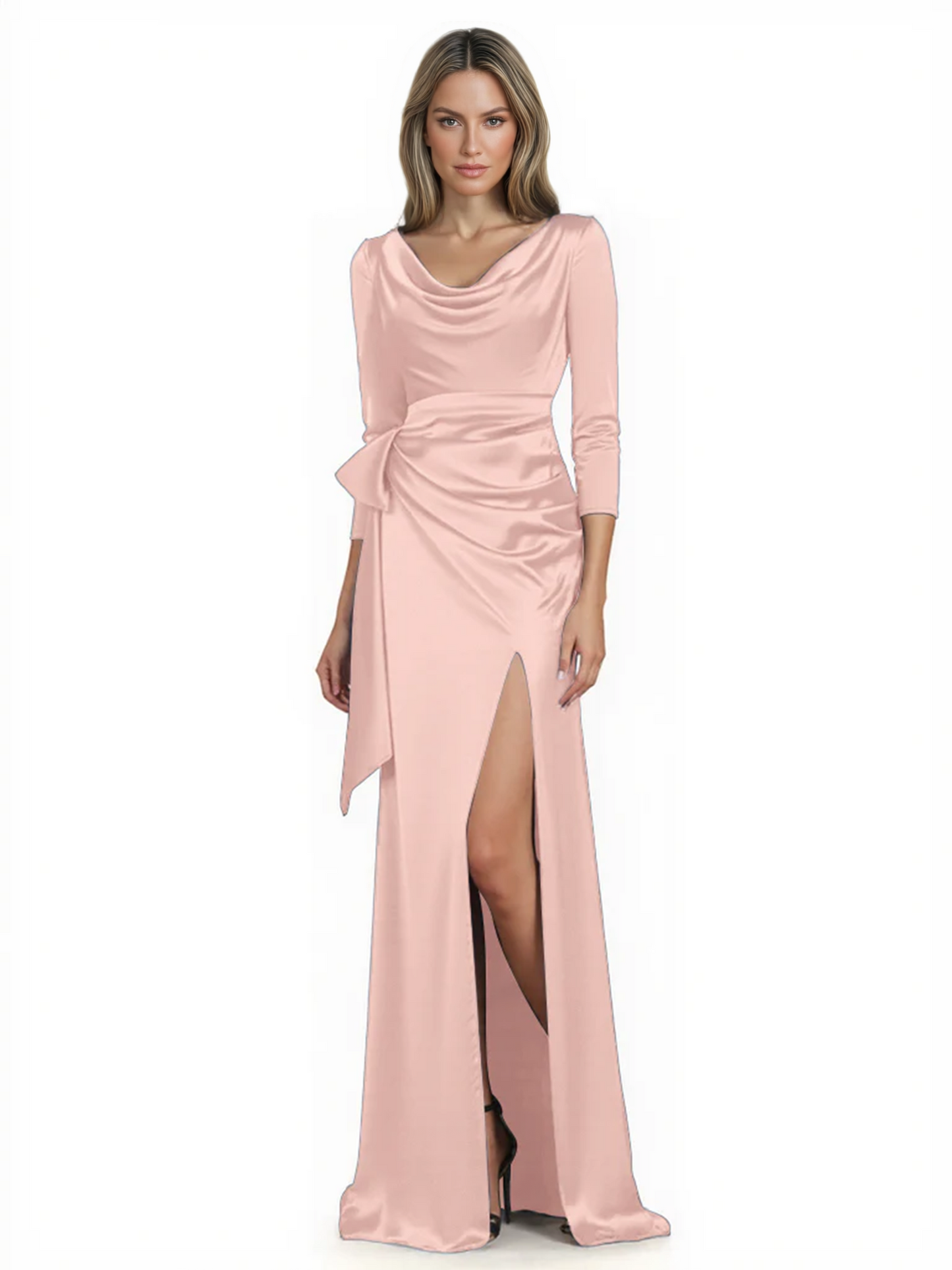 Elegant Evening Gowns Slit Trending Styles Satin Slit Formal Dress Cowl Neckline Gown Tie