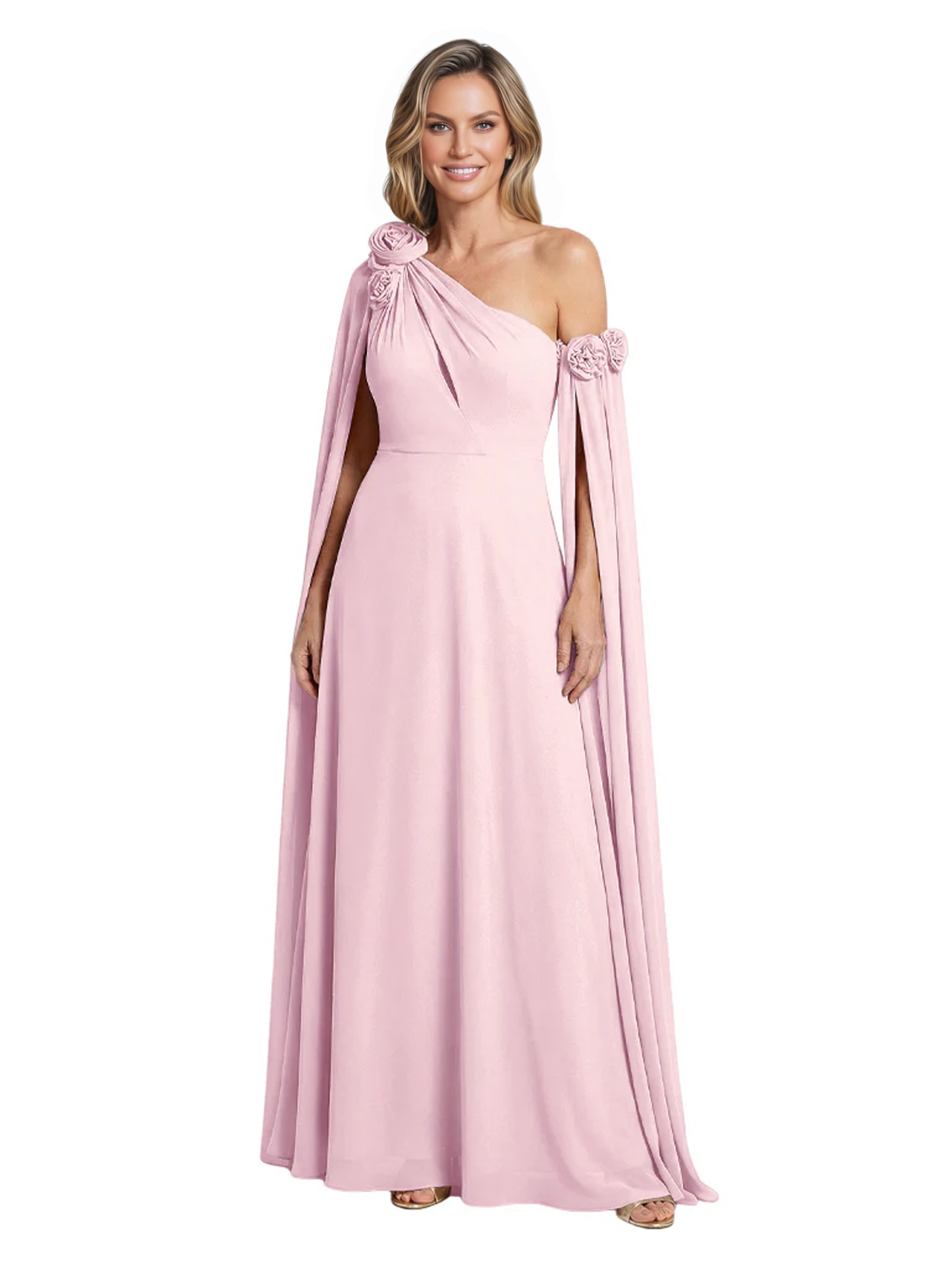 One Shoulder Mother of the Bride Dress Asymmetrical Cape Sleeve Gown with Floral