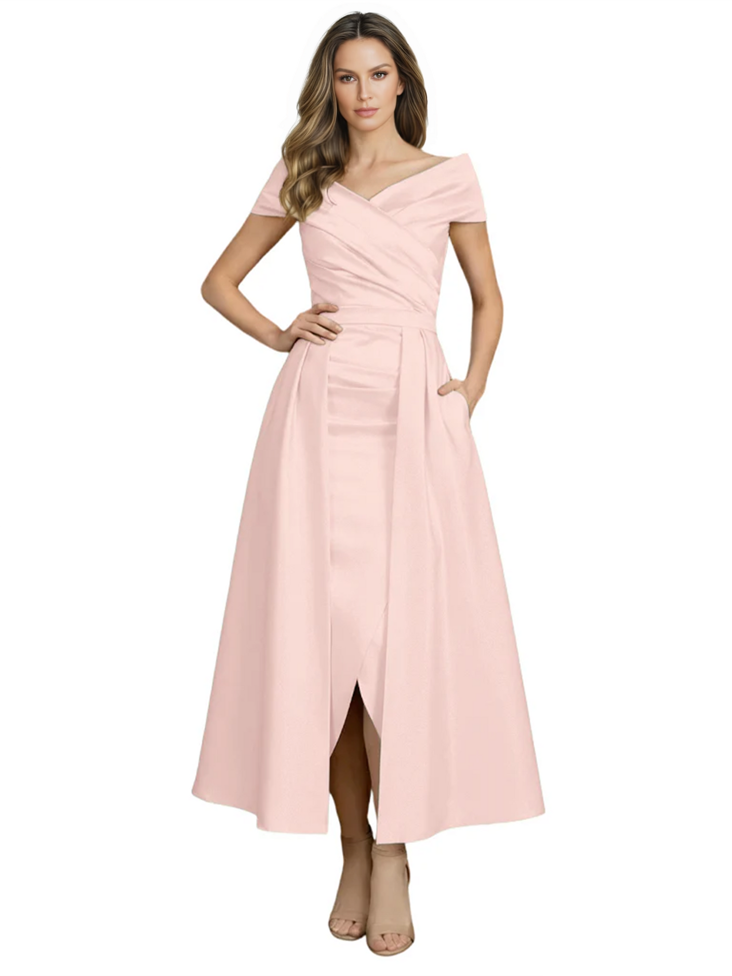 Formal Floor-Length Mother of the Bride Gown Satin Maxi Dress with Slit Off Shoulder