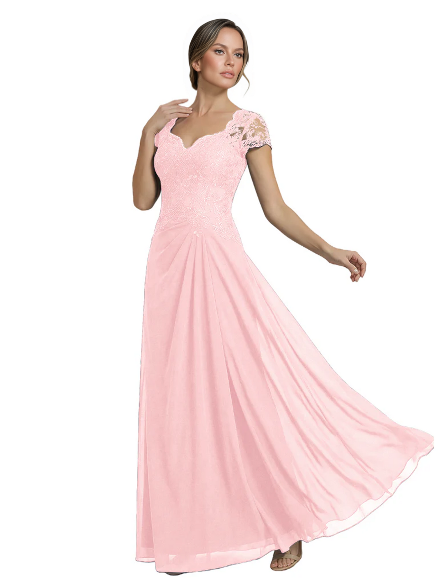 Long A-line Chiffon Short Sleeves Mother of the Brides Dresses Lace Wedding