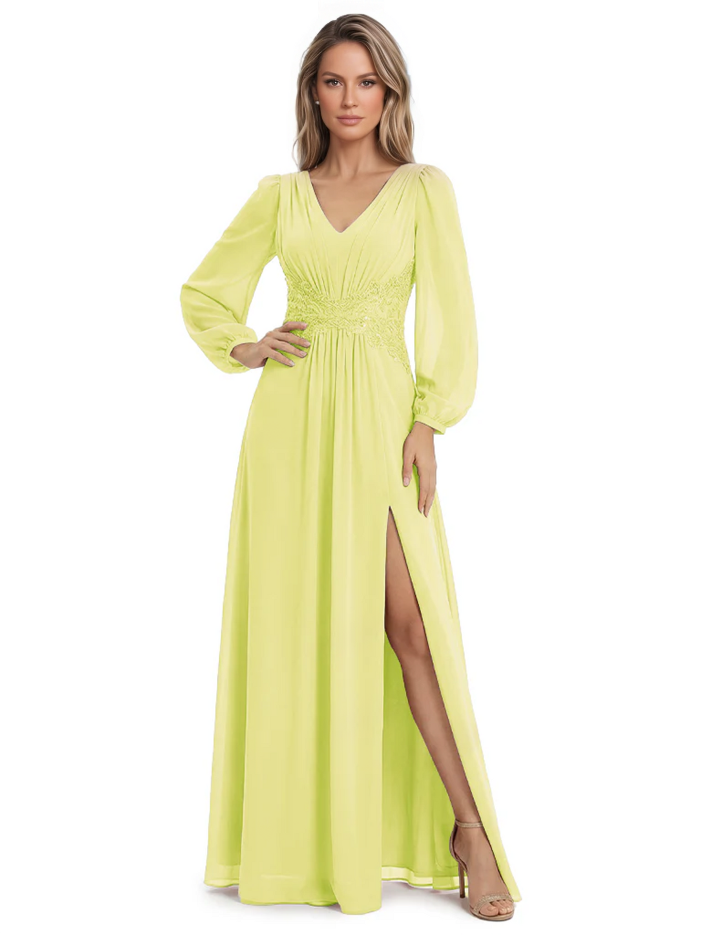 A-Line Mother of Bride Dress V-Neck Chiffon Gown Long Sleeves Slit Formal Dress
