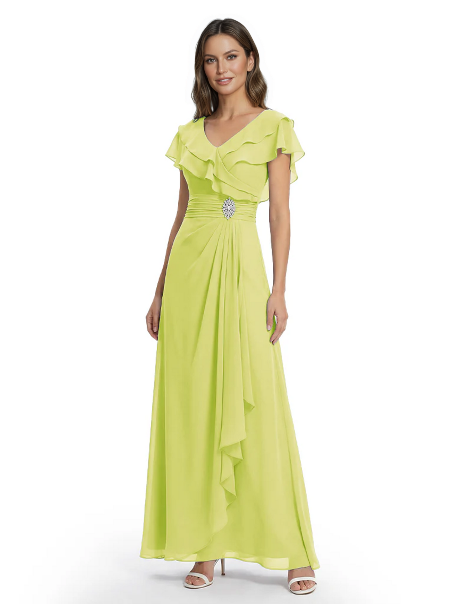 Elegant Mother of the Groom Dress Cascading Ruffle Chiffon Formal Gown Rhinestone
