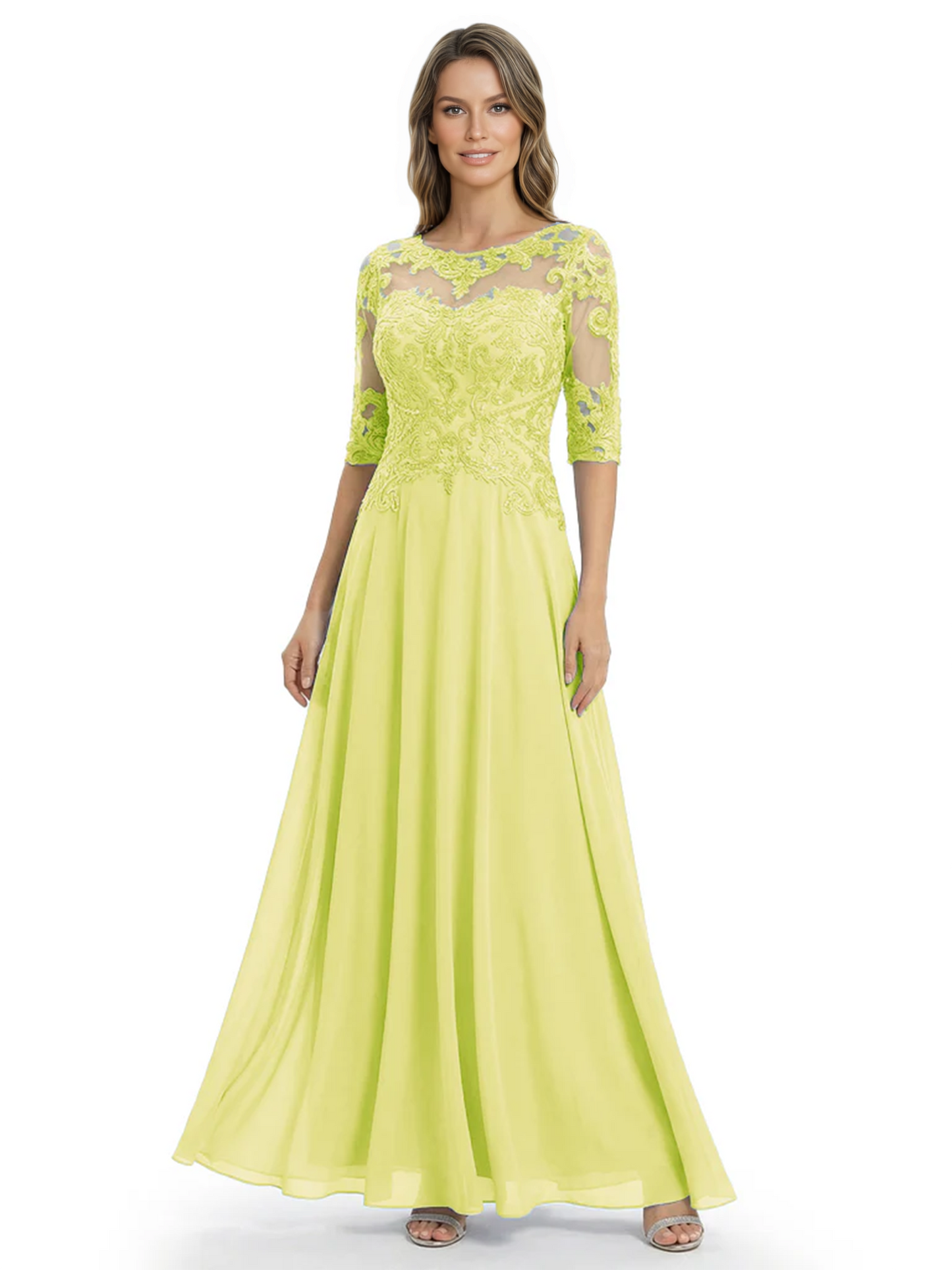 Illusion Neck Mother of the Bride Dress Half Sleeve Lace Applique Gowns Chiffon