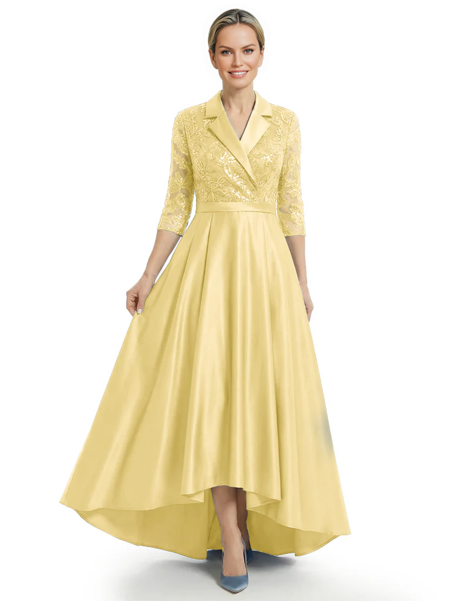 Elegant Mother of Bride Dress Evening Gowns Trending Styles with Lapel Collar 3/4 Sleeves