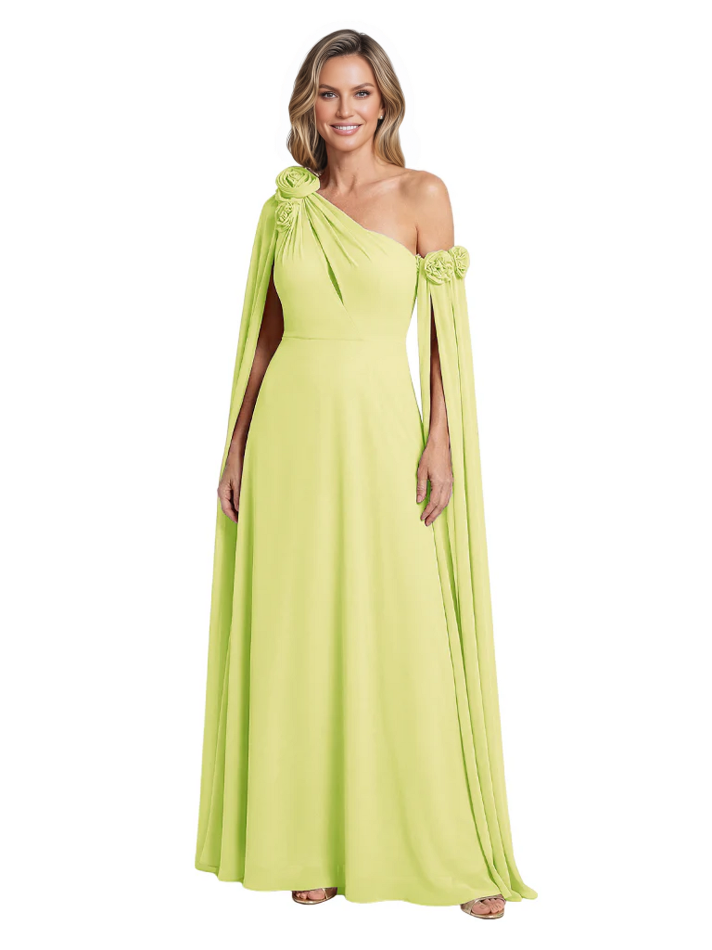One Shoulder Mother of the Bride Dress Asymmetrical Cape Sleeve Gown with Floral