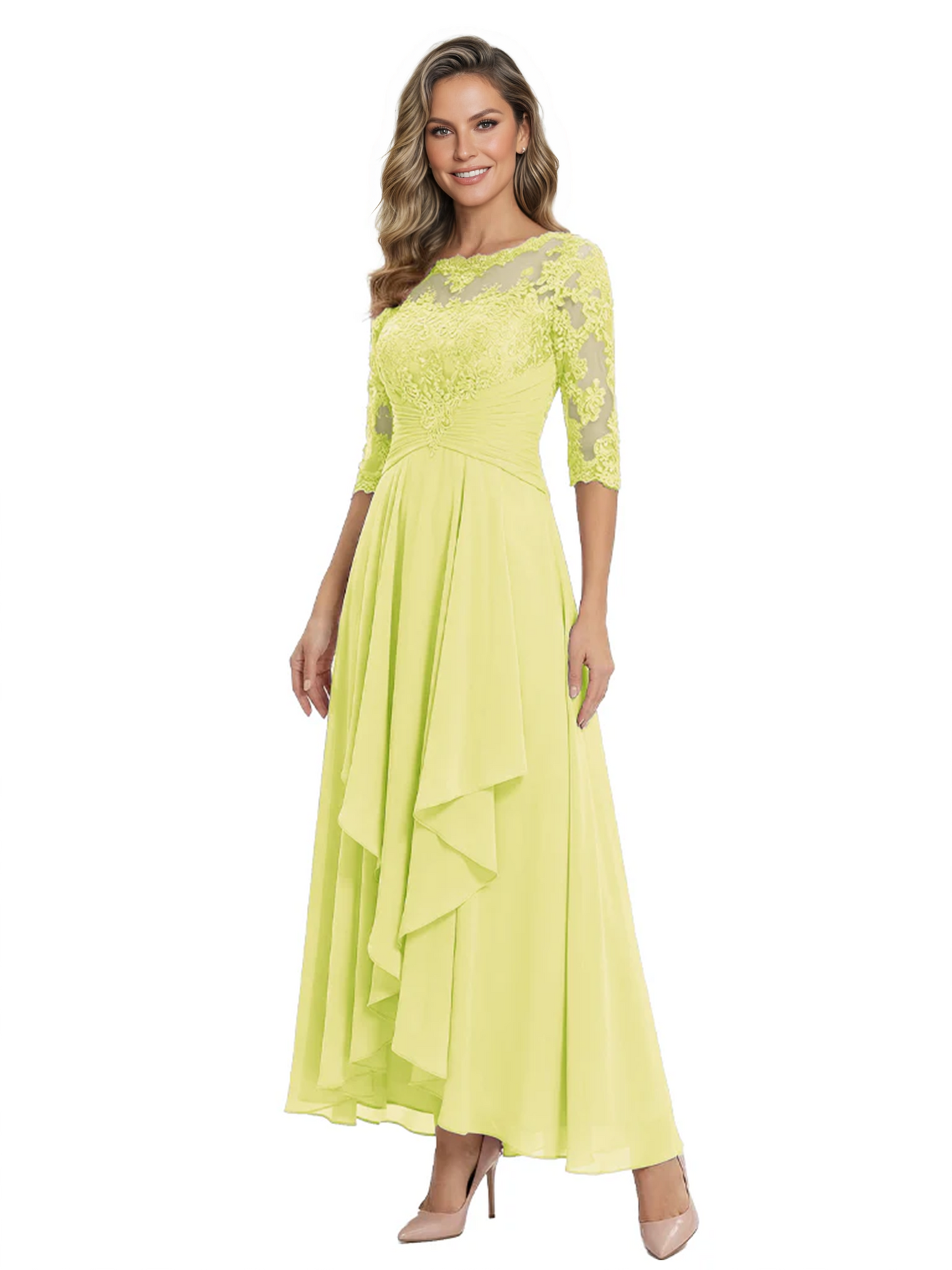 3/4 Sleeve Mother of the Bride Dress with Lace Embroidery High-Low Hem 2026