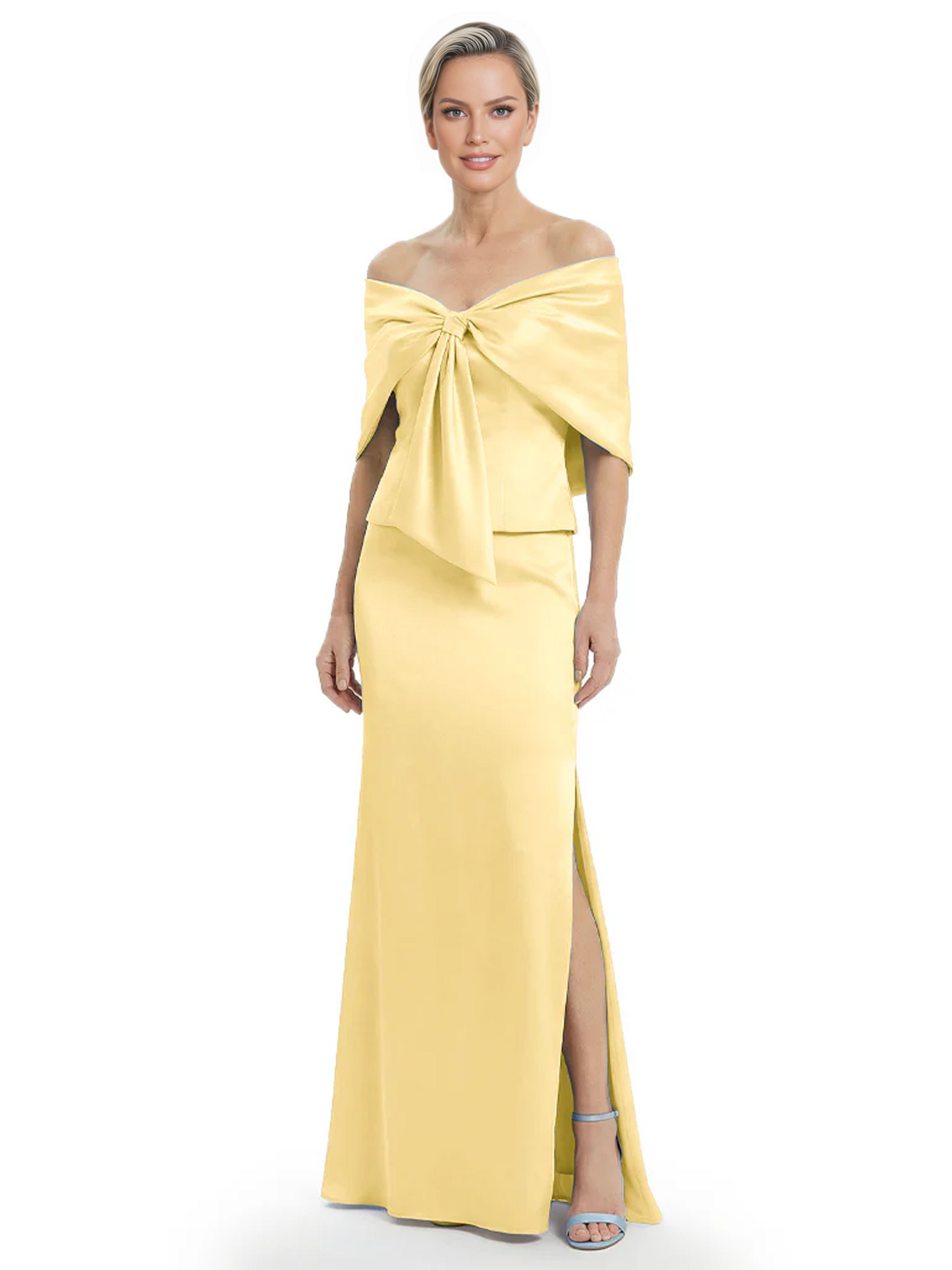 Formal Floor-Length Mother of the Bride Gown Satin Maxi Dress with Bow Neckline