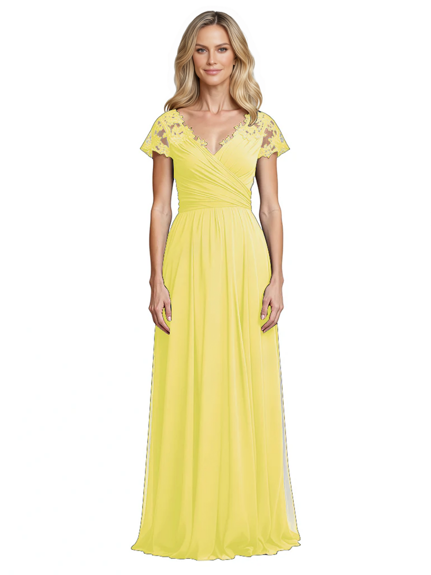 Mother of the Bride Dress Cap Sleeves and V-Neckline with Embroidered Lace Shoulders