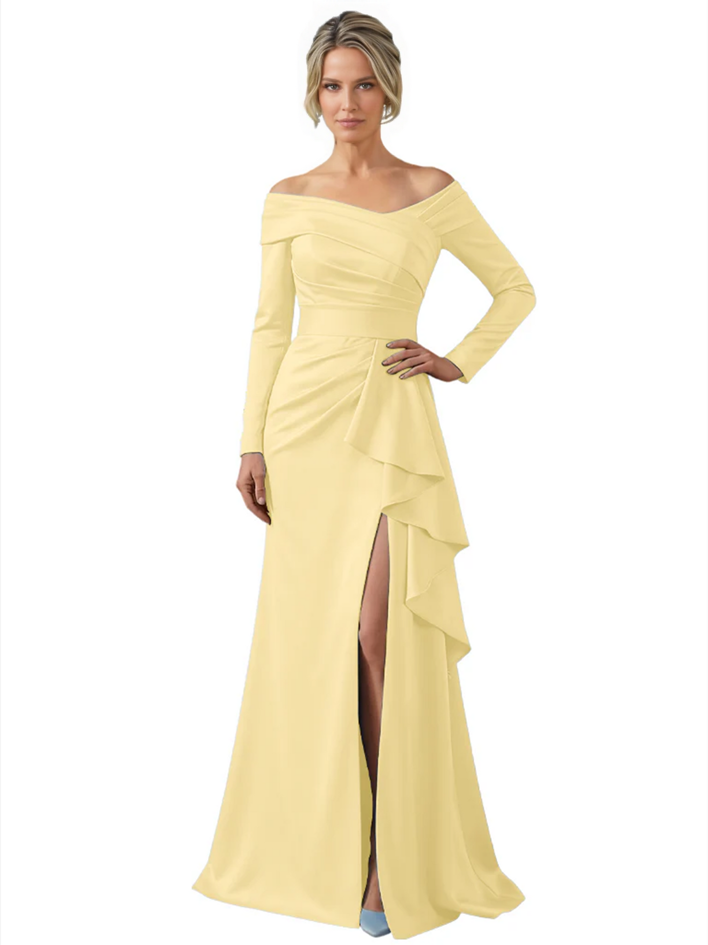 Elegant Mother of the Groom Dress Cascading Ruffle Satin Gown with High Slit Long Sleeves