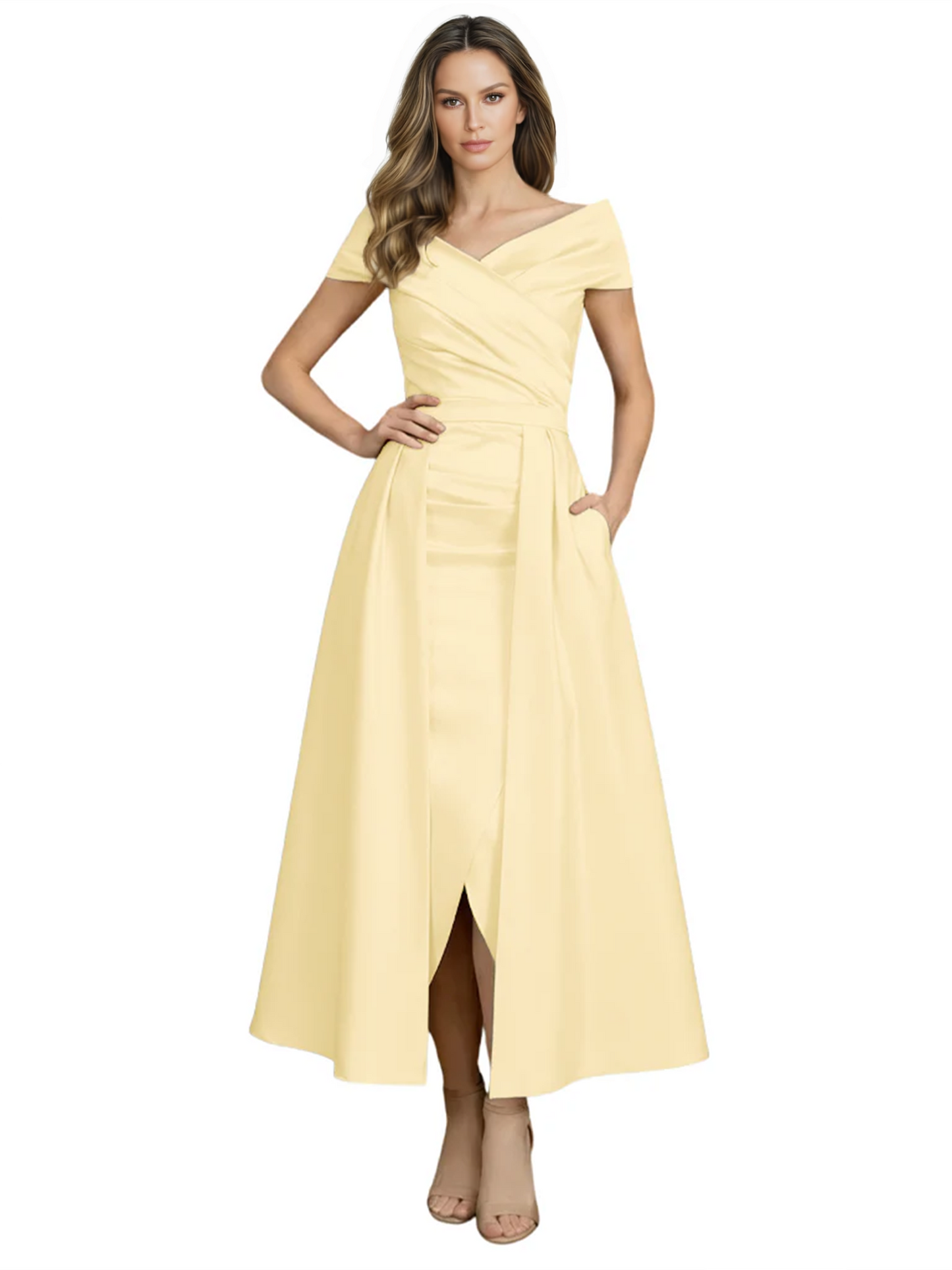 Formal Floor-Length Mother of the Bride Gown Satin Maxi Dress with Slit Off Shoulder
