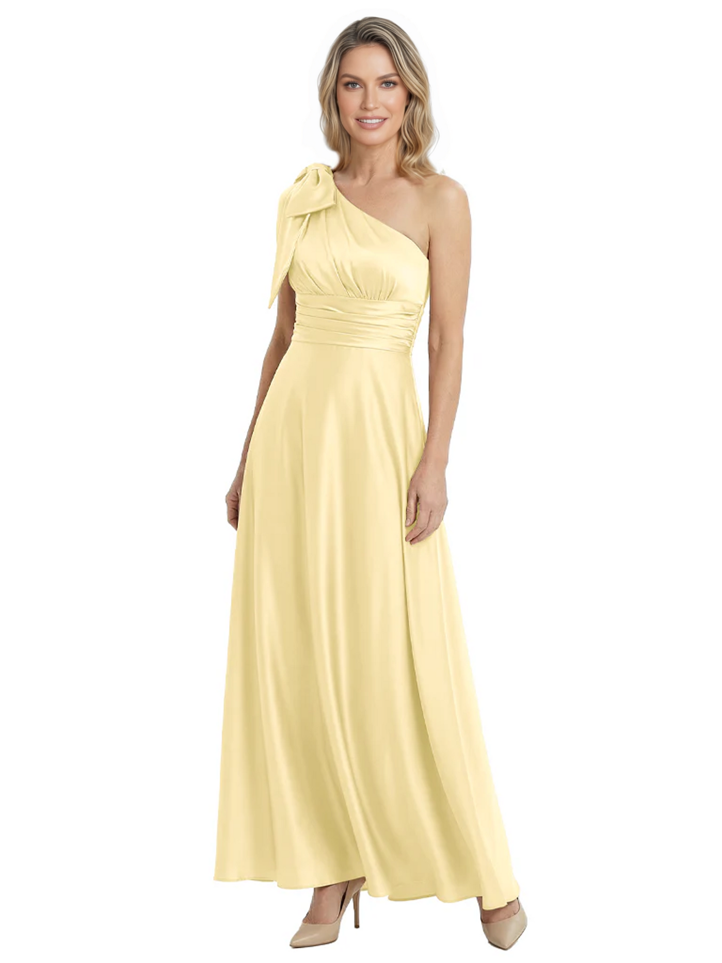 One-Shoulder Mother of the Bride Dress Satin Gown with Bow Ruched Empire Waist