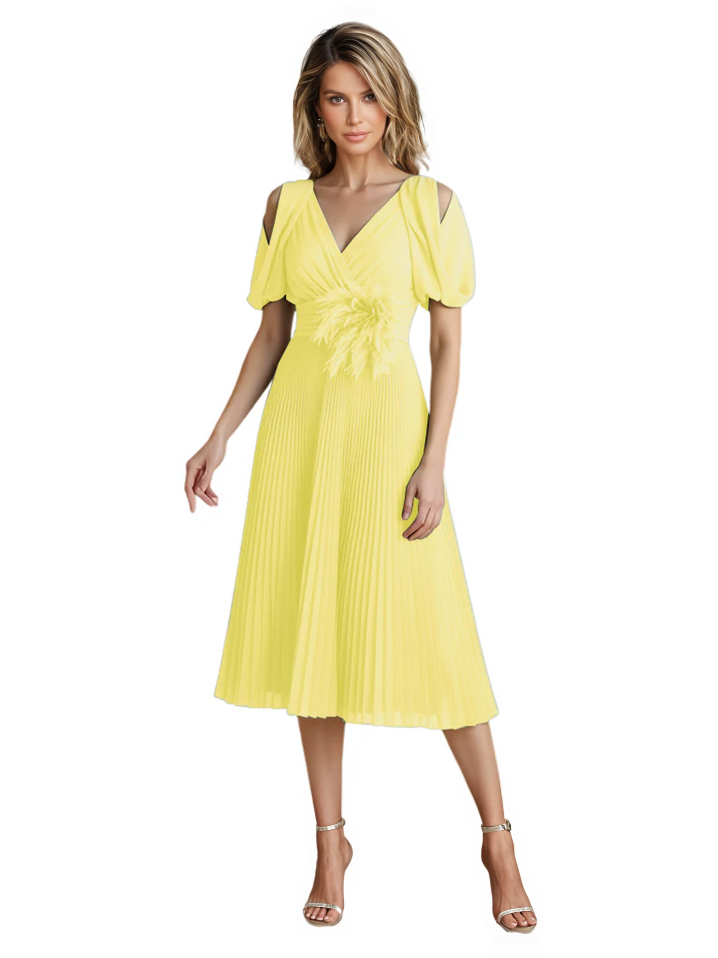 Wedding Formal Dress V-Neck Pleated Chiffon Gown with 3D Flower Accent Knee Length
