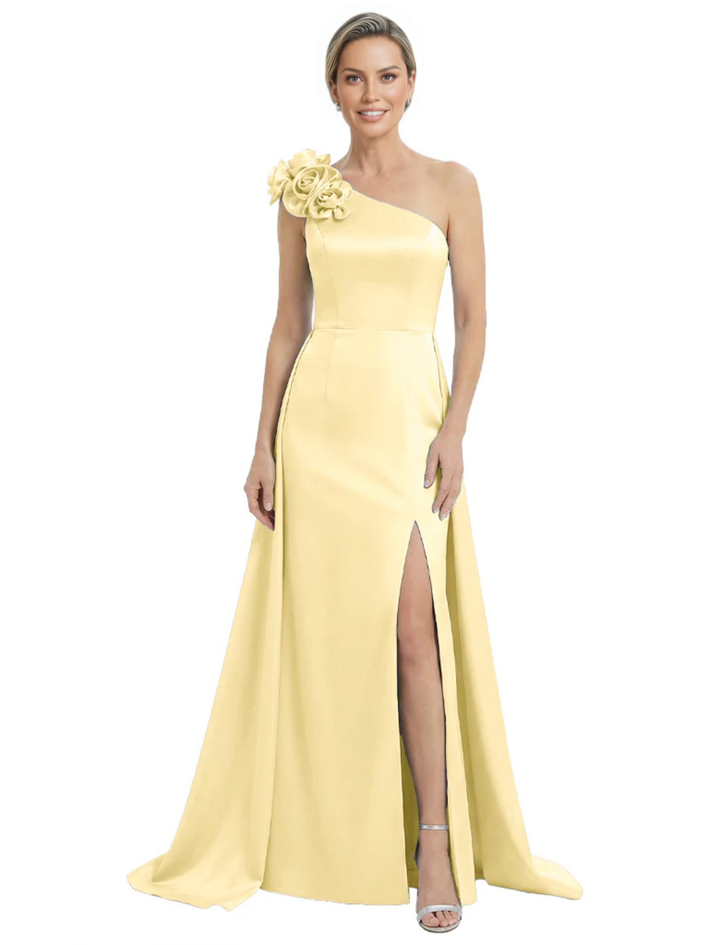 One Shoulder Mother of the Bride Dress with 3D Floral Detail Formal Dress A-Line Gowns with Slit