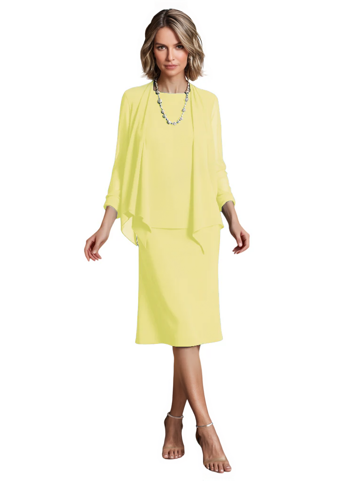 3 PCS Knee-Length Mother of Bride Dresses Prom Dress Evening Dress with Sheer Sleeves and Jacket