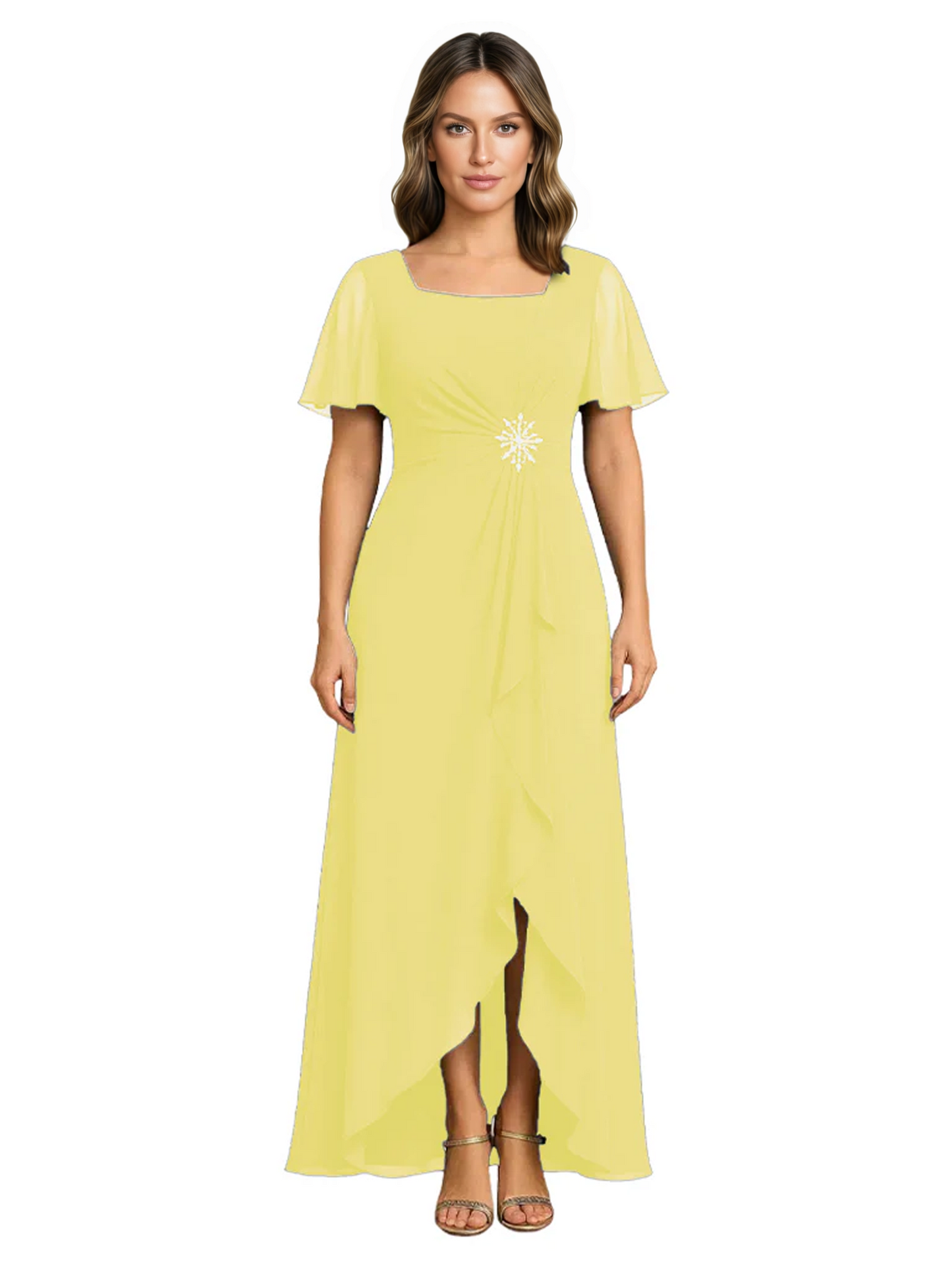 Formal High-Low Mother of the Bride Gown Sleeved Chiffon Maxi Dress Ruched Waist