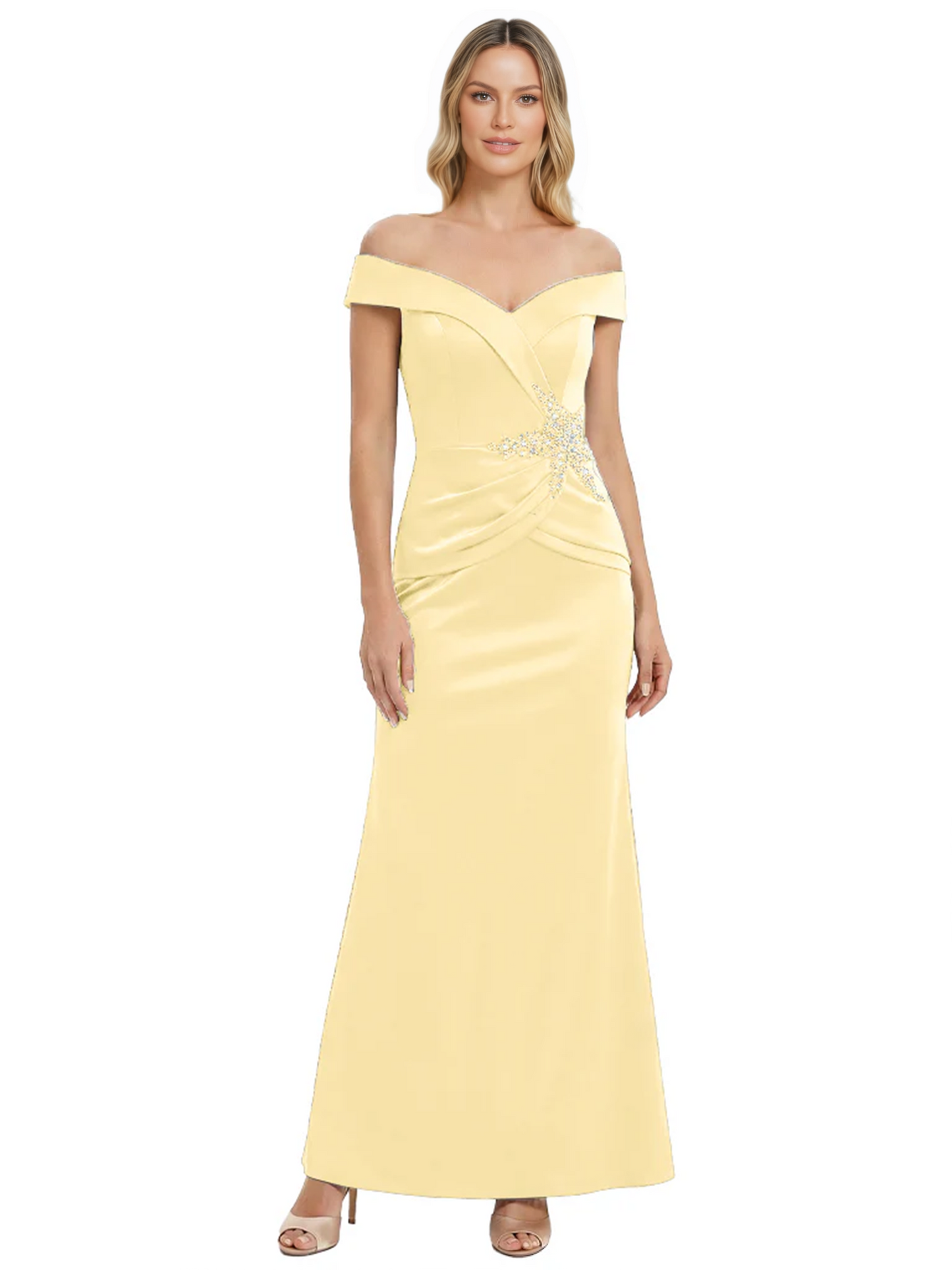 Off Shoulder Mother of the Bride Dress Beaded Waist Satin Gown Portrait Neckline