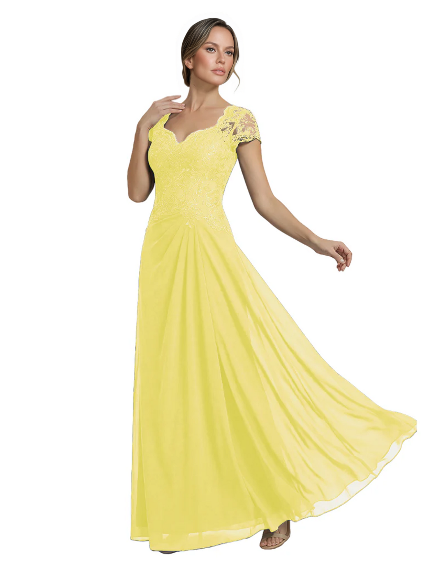 Long A-line Chiffon Short Sleeves Mother of the Brides Dresses Lace Wedding
