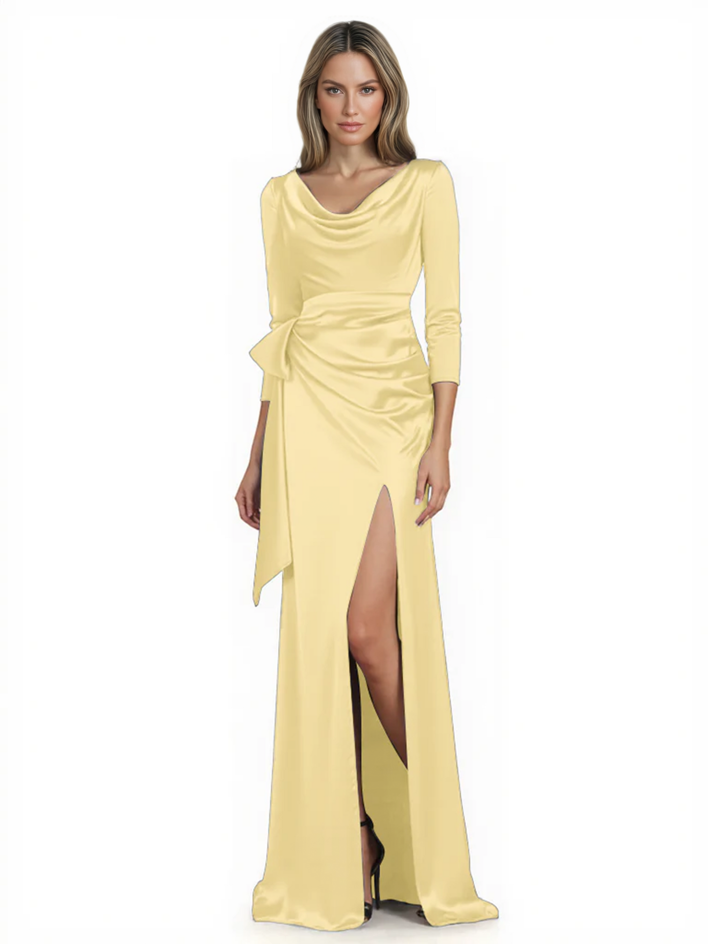 Elegant Evening Gowns Slit Trending Styles Satin Slit Formal Dress Cowl Neckline Gown Tie