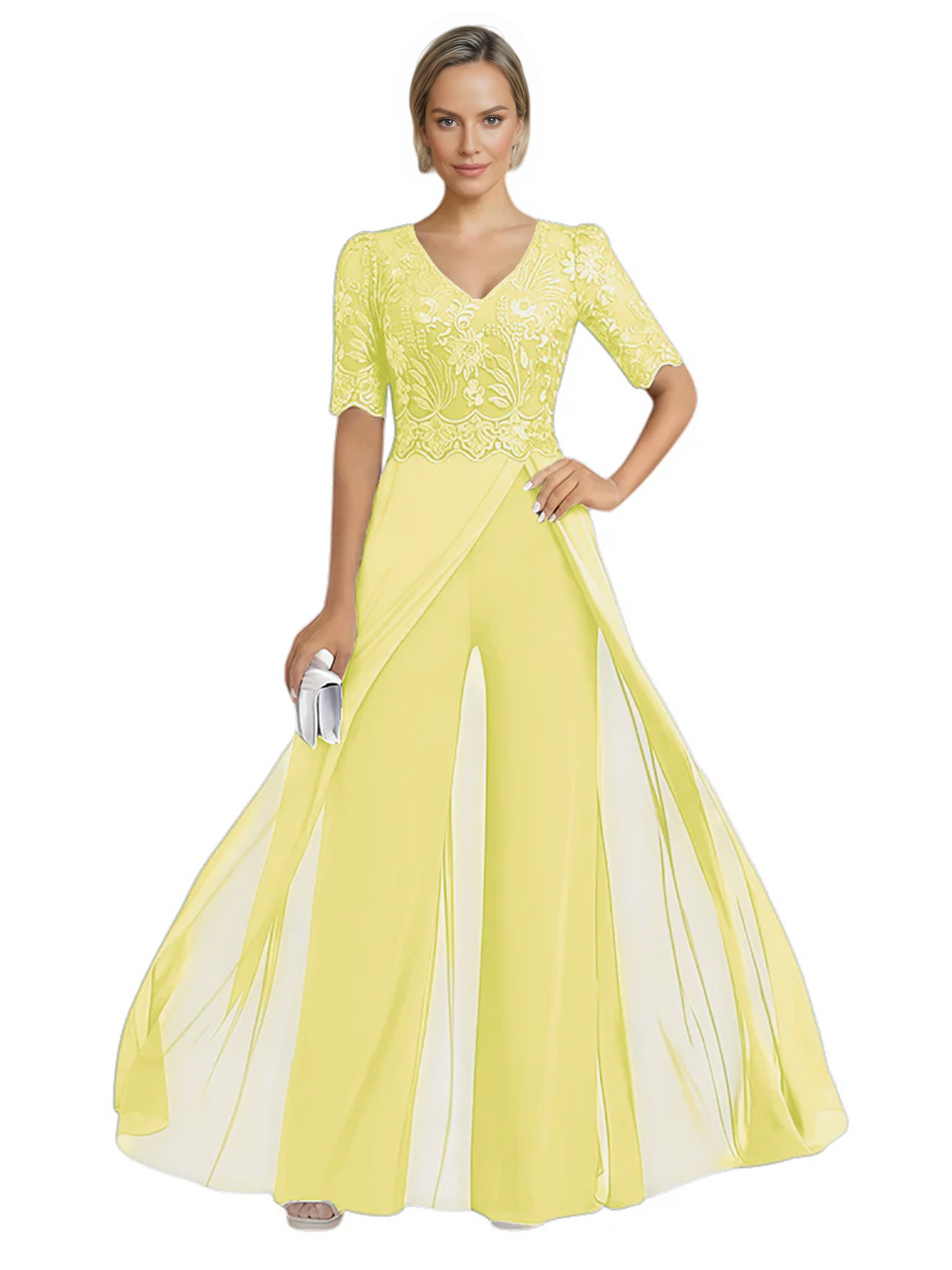 V-Neck Chiffon Mother of the Brides Jumpsuits Dresses Floor Length A-Line Lace