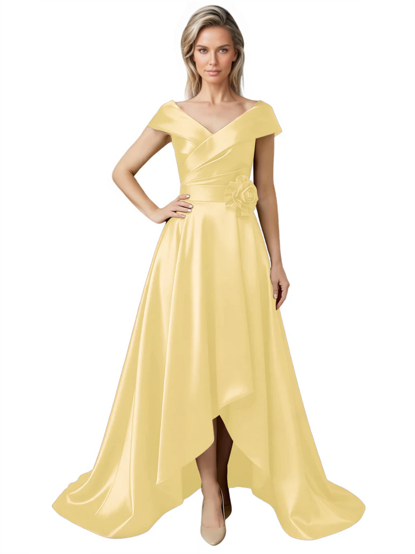 Off Shoulder Mother of the Bride Dress High-Low Satin Gown with Portrait Neckline