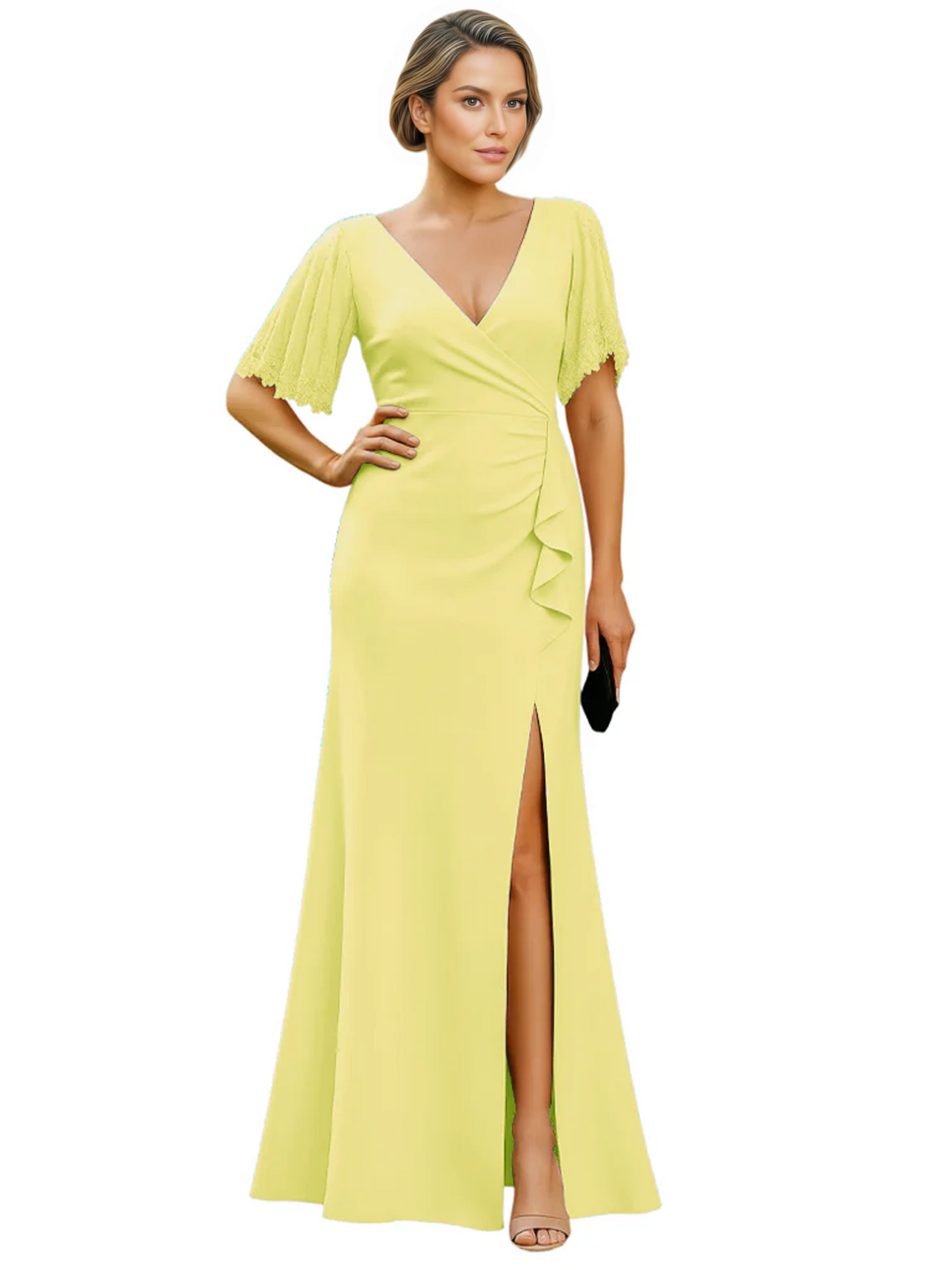 Elegant Evening Gown Trending V-Neck & Ruffle Detail Mother of Bride Outfits Slit