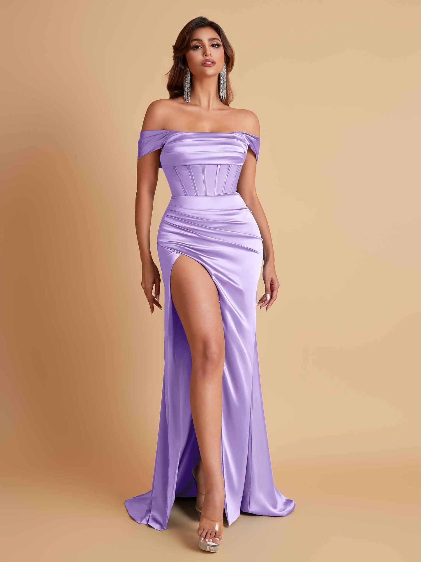 Sexy Off the Shoulder Soft Satin Side Slit Floor-Length Mermaid Bridesmaid Dresses