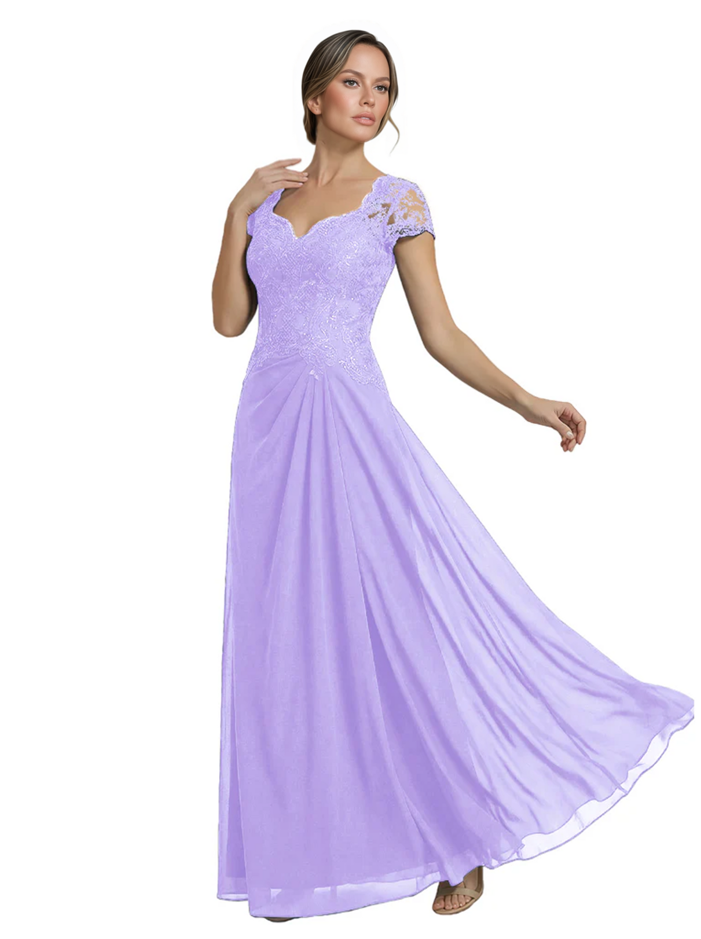 Long A-line Chiffon Short Sleeves Mother of the Brides Dresses Lace Wedding