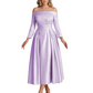 Off Shoulder Mother of the Bride Dress Tea-Length Satin Gown with Lace Applique