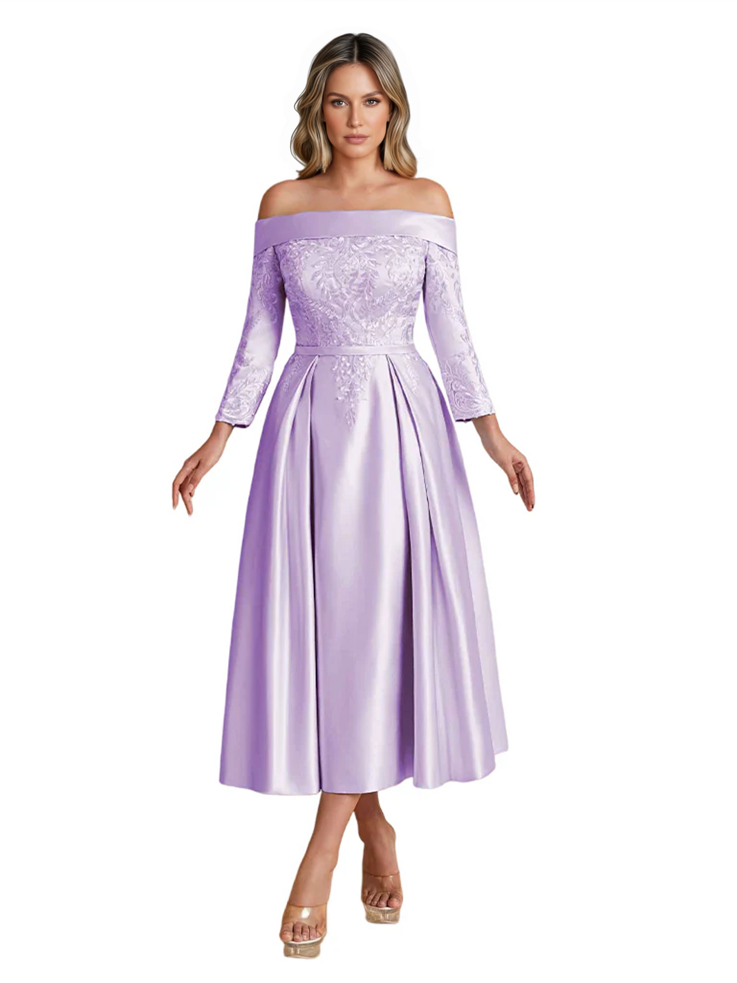 Off Shoulder Mother of the Bride Dress Tea-Length Satin Gown with Lace Applique