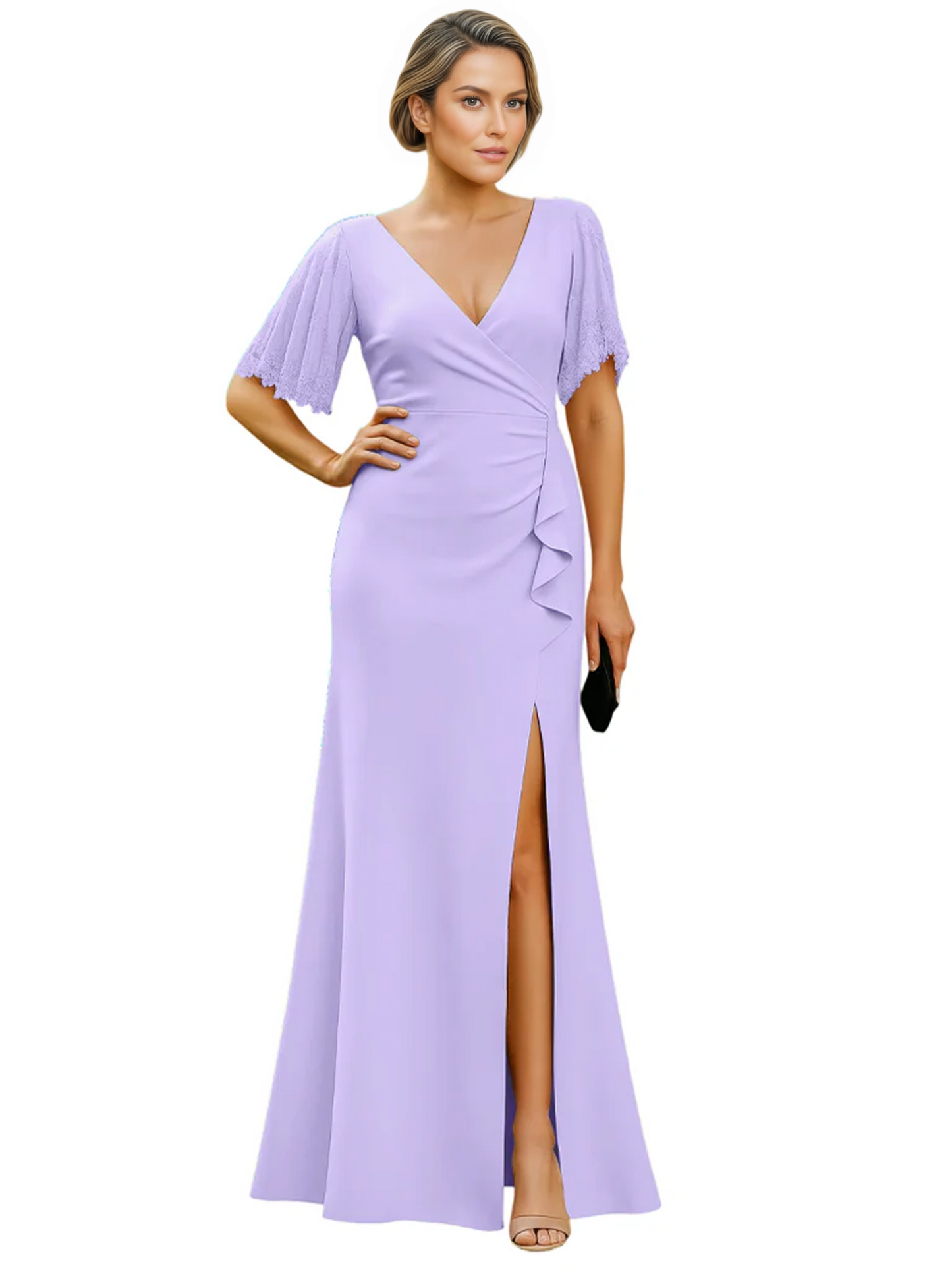 Elegant Evening Gown Trending V-Neck & Ruffle Detail Mother of Bride Outfits Slit