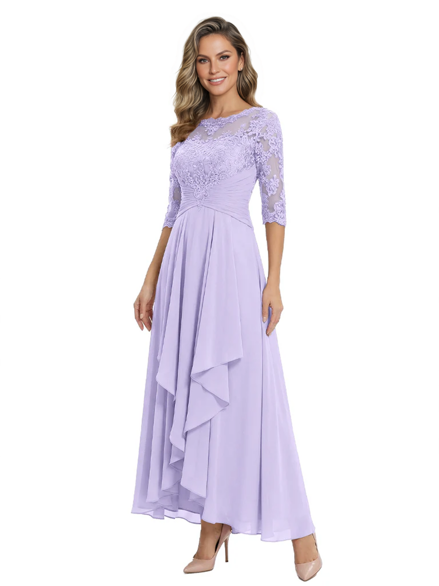 3/4 Sleeve Mother of the Bride Dress with Lace Embroidery High-Low Hem 2026