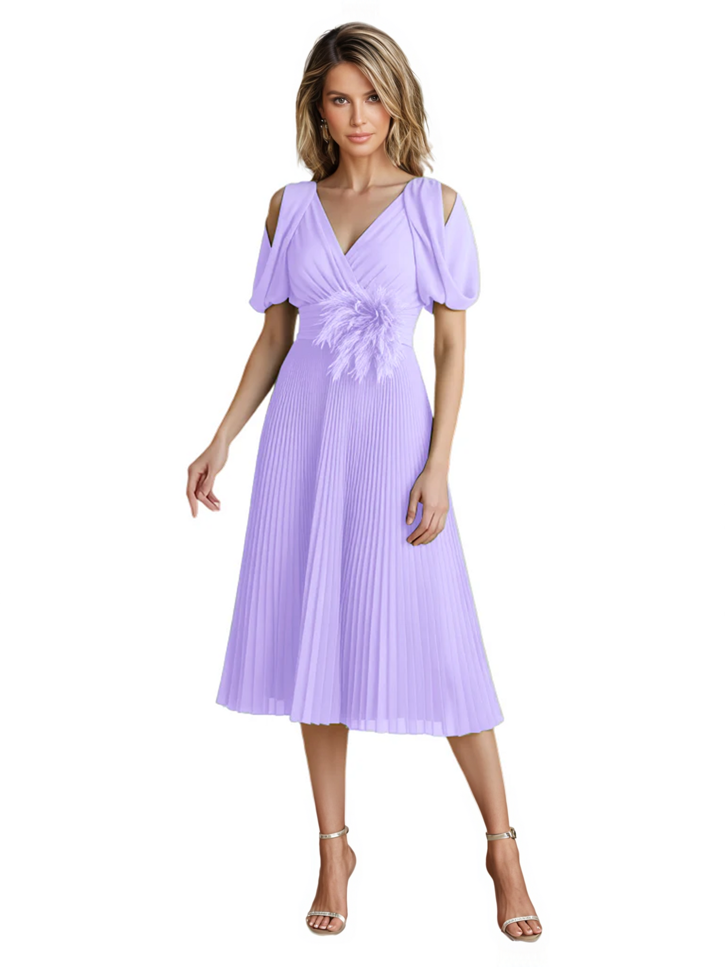 Wedding Formal Dress V-Neck Pleated Chiffon Gown with 3D Flower Accent Knee Length