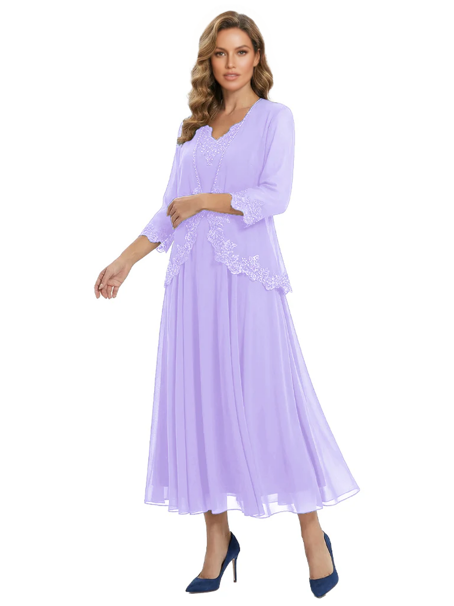 3/4 Sleeve Chiffon Mother of the Brides Dresses V-Neck Wedding Party Gowns