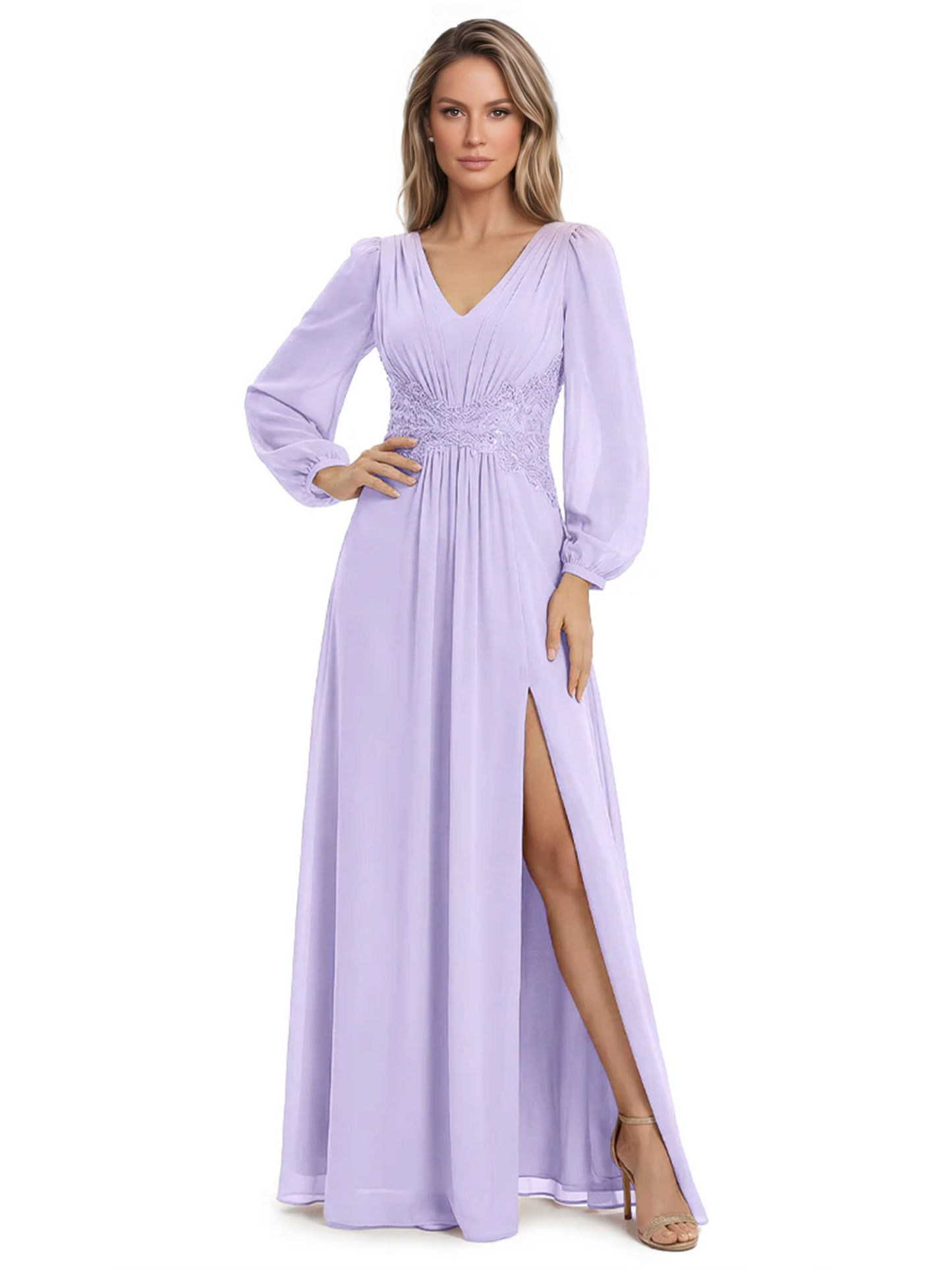 A-Line Mother of Bride Dress V-Neck Chiffon Gown Long Sleeves Slit Formal Dress