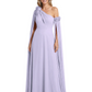 One Shoulder Mother of the Bride Dress Asymmetrical Cape Sleeve Gown with Floral