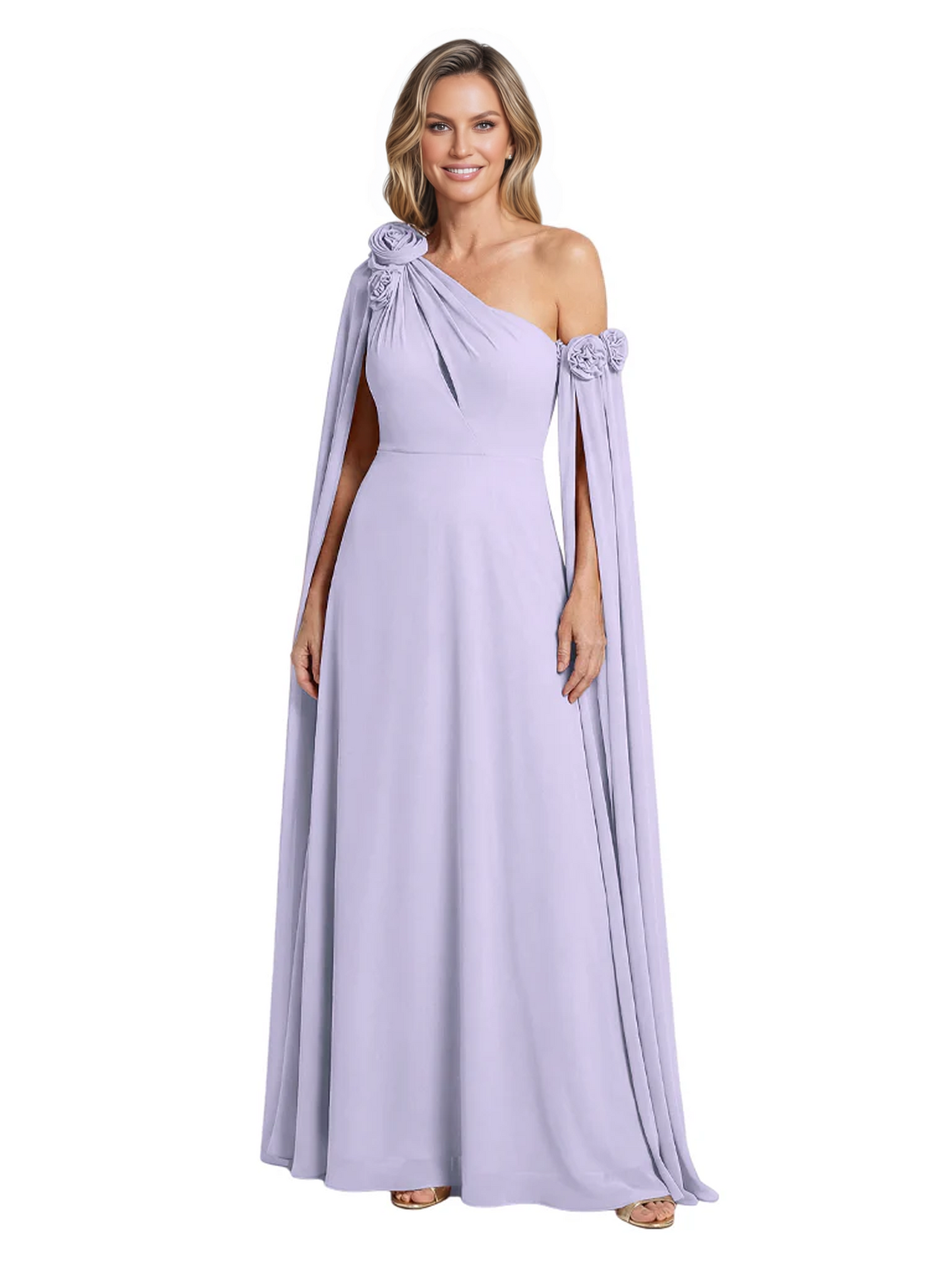 One Shoulder Mother of the Bride Dress Asymmetrical Cape Sleeve Gown with Floral
