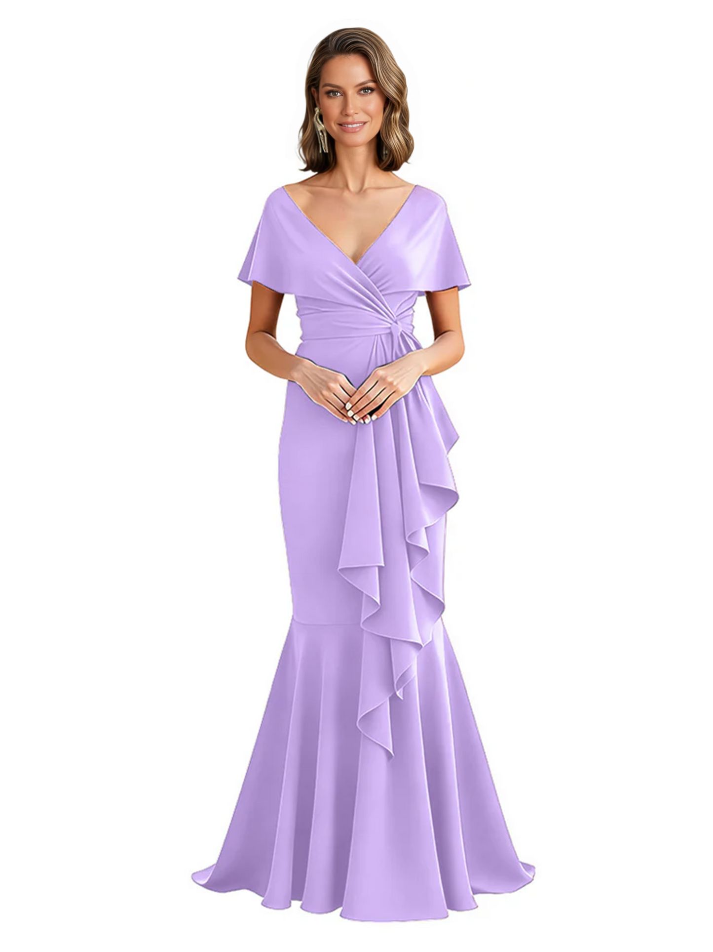 Satin Mother of the Bride Dress with Cascading Ruffles and Mermaid Tail V-Neck